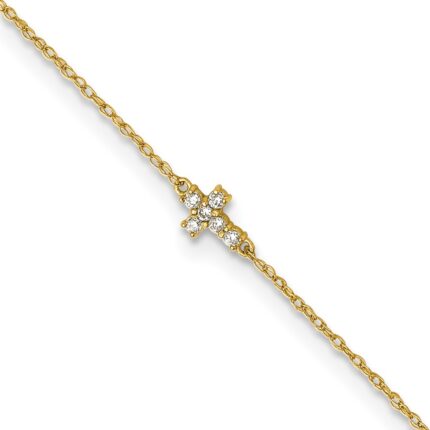 10k Polished CZ Cross Anklet