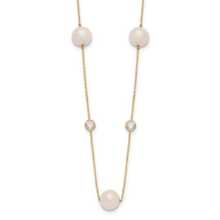10K Polished CZ and 7-8mm FWC Pearl 7 Station Necklace