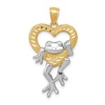 14k and White Rhodium Diamond-cut Frog in Heart Pendant