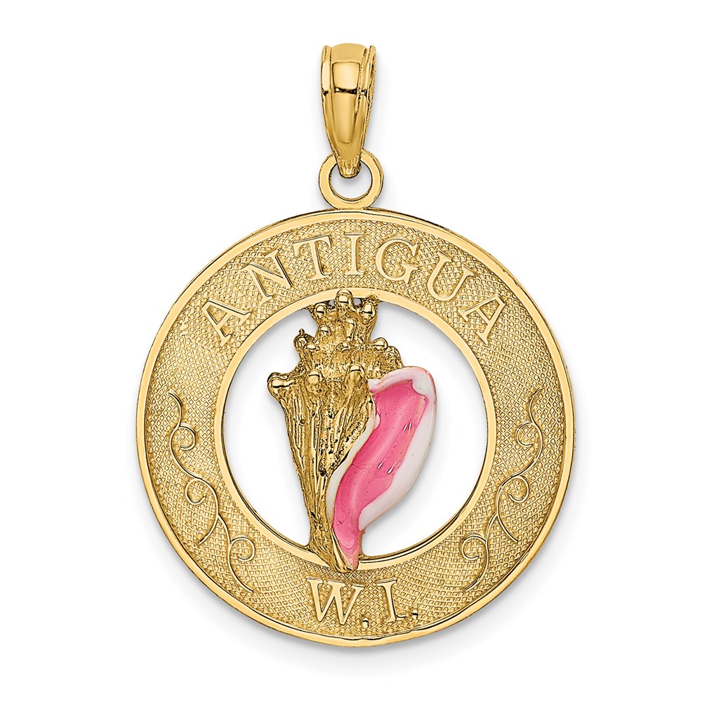 K6646-1.jpg 14K ANTIGUA W.I. Circle with Pink and White Enamel Conch Shell Charm - Image 1