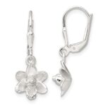 Sterling Silver Satin Polished and D/C Floral Leverback Earrings