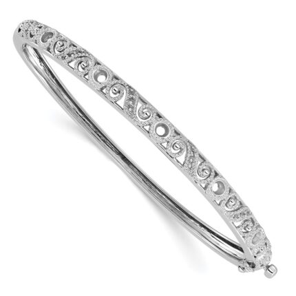 14k White Gold Swirl Design Holds 3/4 carat (5-2.9mm/6-1.7mm/12-1.3mm Round Stones) Hinged Oval Bangle Mounting