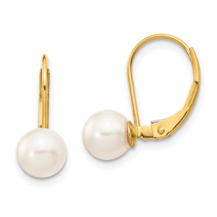 14k 6-7mm White Round Akoya Saltwater Cultured Pearl Leverback Earrings