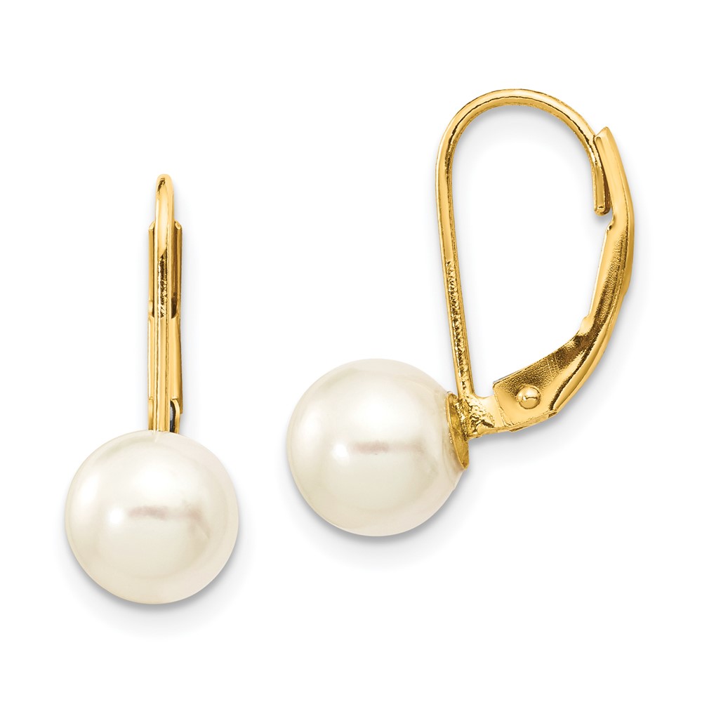 XF481E-1.jpg 14k 7-8mm White Round Saltwater Akoya Cultured Pearl Leverback Earrings - Image 1