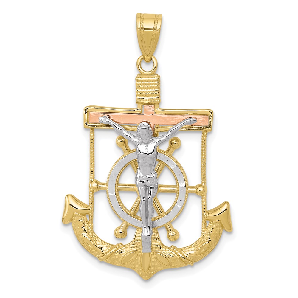 10C3931.jpg 10k Tri-color Diamond-cut w/Textured Mariner's Cross Pendant - Image 1