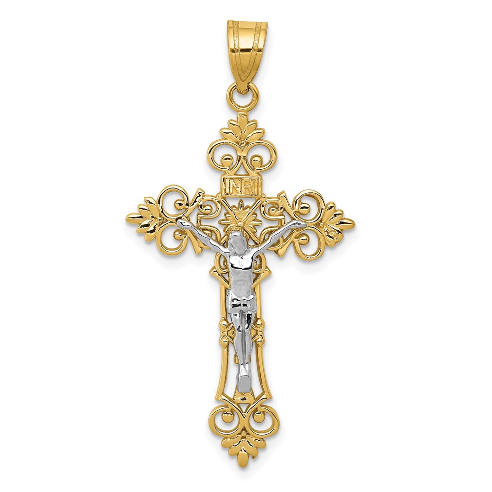 10C4388.jpg 10K Two-tone Large Lacey-edged INRI Crucifix Pendant - Image 1