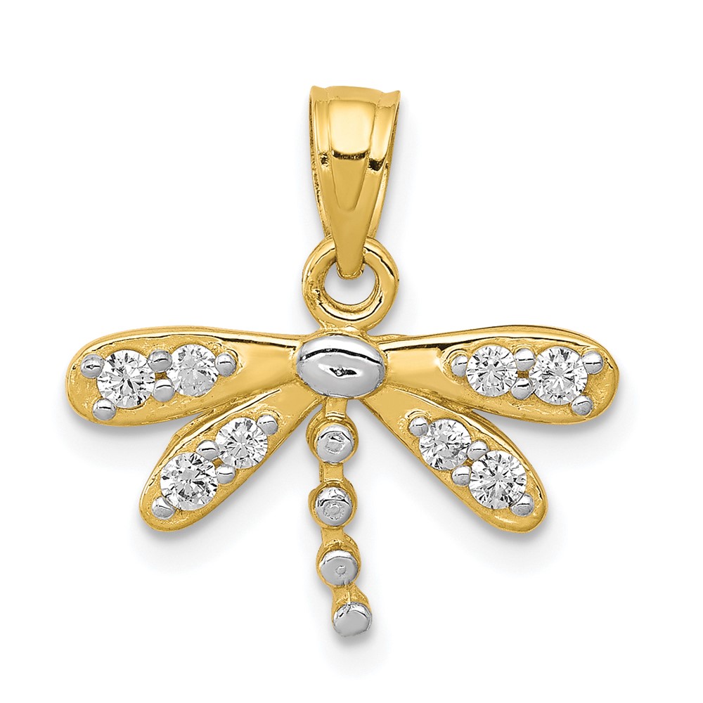 10C996.jpg 10K w/ Rhodium CZ Dragonfly Charm - Image 1