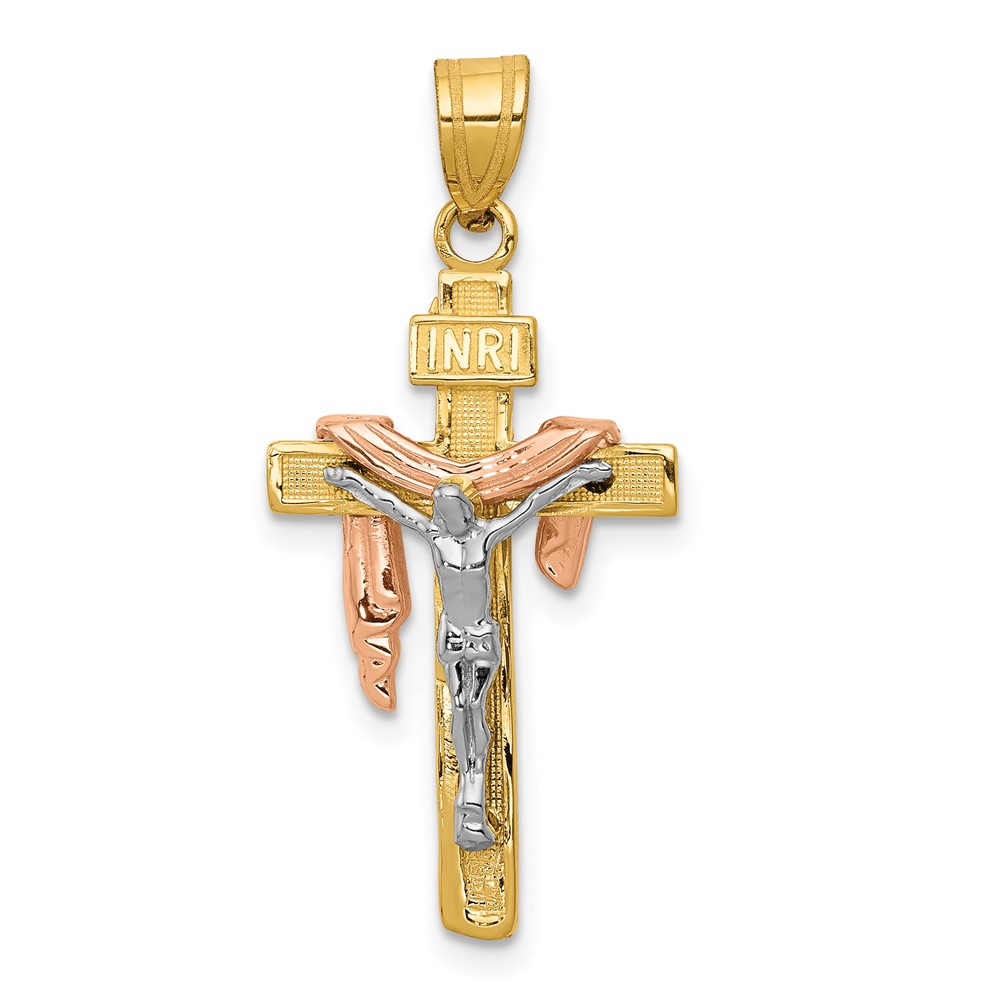 10D4323.jpg 10K Tri-color Diamond-cut Small Draped INRI Crucifix Pendant - Image 1