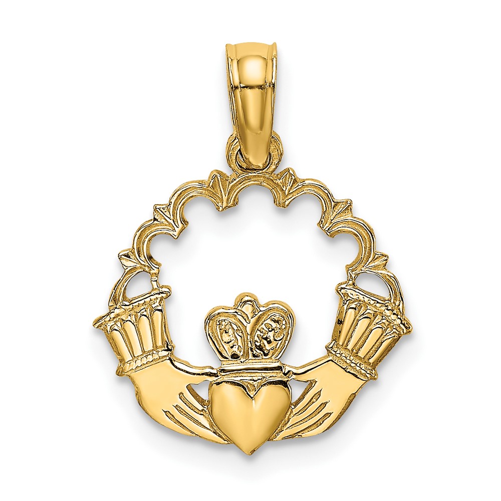 10K7164.jpg 10K Engraved Claddagh In Scallop Circle Charm - Image 1