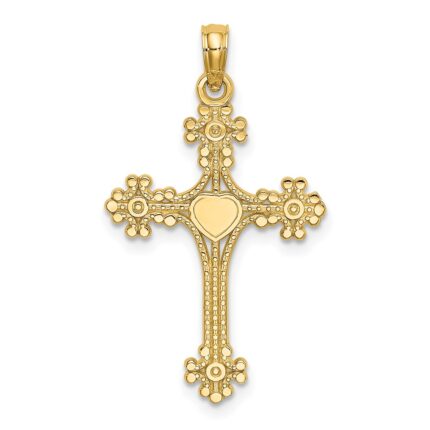 10K Beaded Tip Cross w/ Heart Center Charm