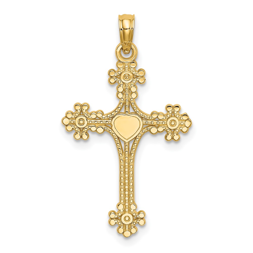 10K8366.jpg 10K Beaded Tip Cross w/ Heart Center Charm - Image 1