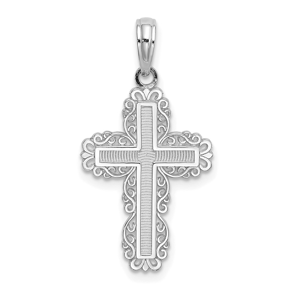 10K8431W.jpg 10K White Gold Textured w/ Lace Trim Cross Charm - Image 1