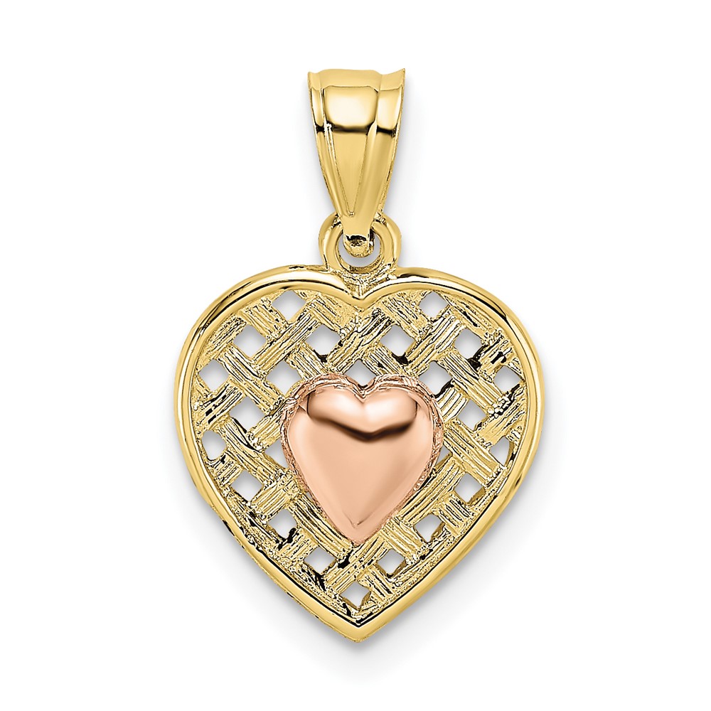 10K8985.jpg 10k Yellow and Rose Gold Polished Heart On Woven Heart Charm - Image 1