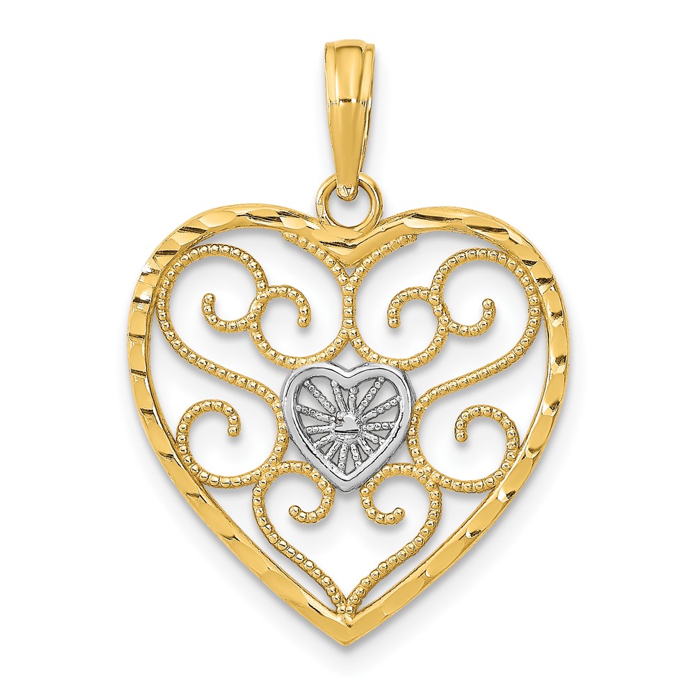 10K9169.jpg 10k w/Rhodium Filigree Beaded Heart Charm - Image 1