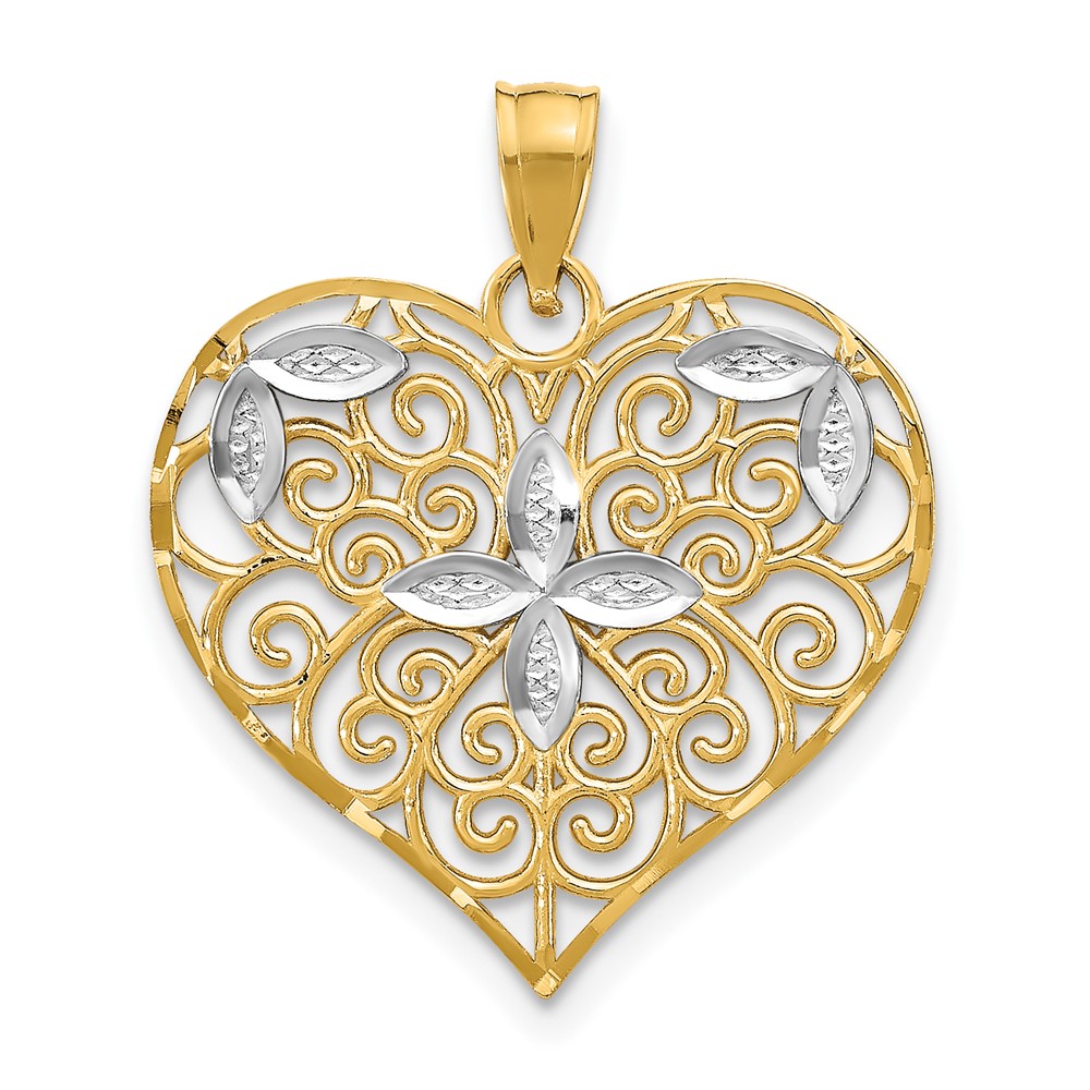 10K9448.jpg 10k w/Rhodium Cut-Out Filigree Flower and Heart Charm - Image 1
