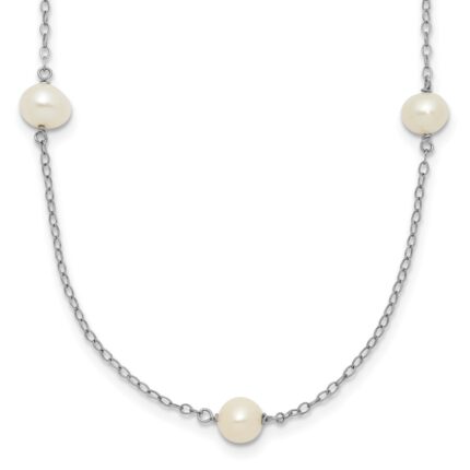 10K White Gold 5-6mm Round White Freshwater Cultured Pearl 7 Station 16 inch Necklace