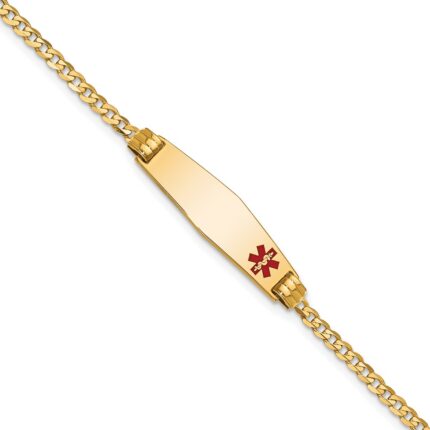 10k Medical Soft Diamond Shape Red Enamel Curb Link ID Bracelet