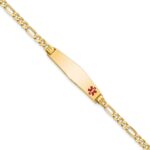 10K Medical Soft Diamond Shape Red Enamel Flat Figaro Link ID Bracelet