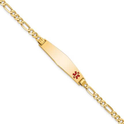 10K Medical Soft Diamond Shape Red Enamel Flat Figaro Link ID Bracelet