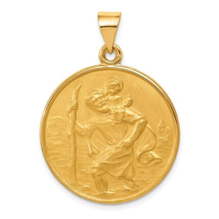 18k Polished and Satin Solid Large Saint Christopher Medal Round Pendant
