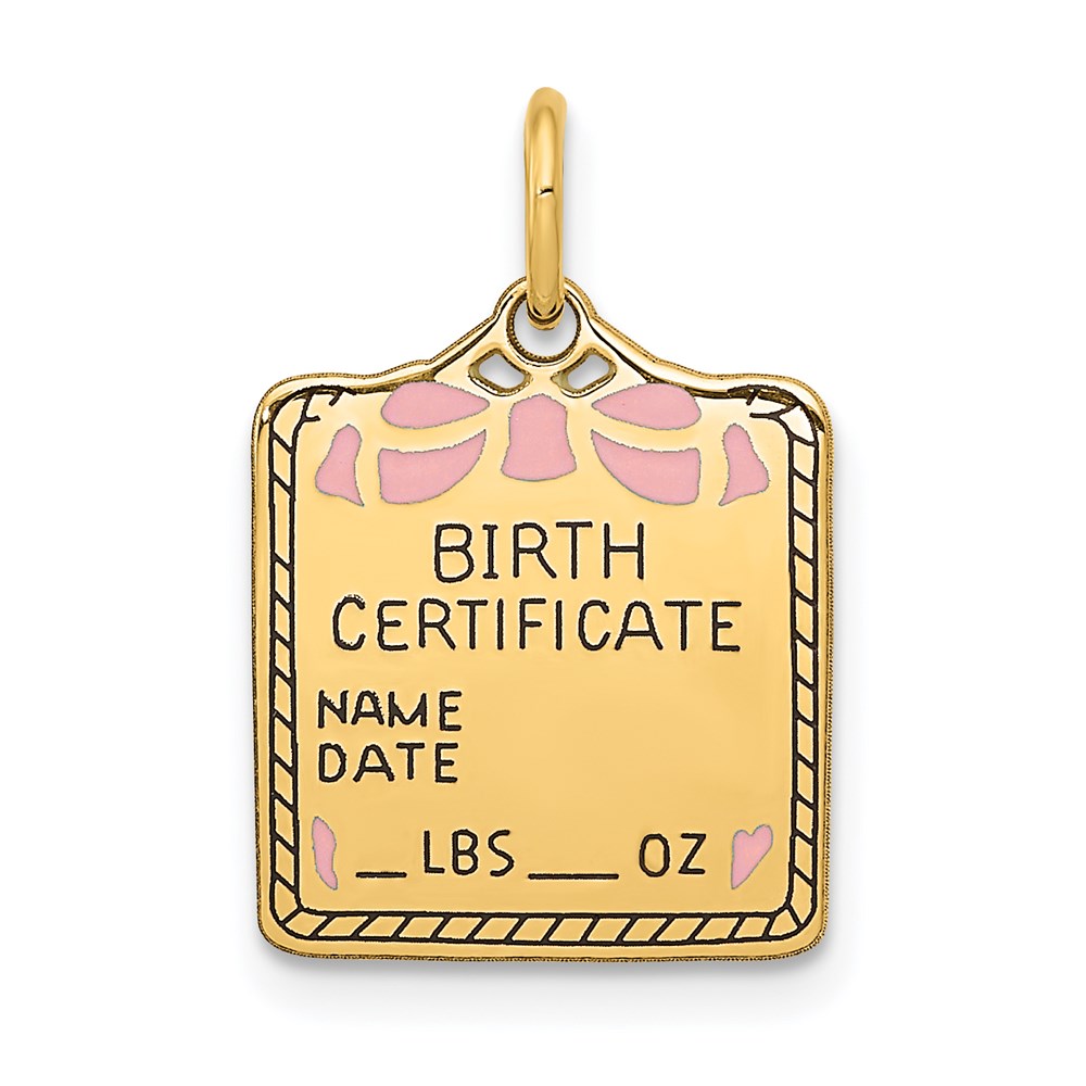 A0363_P.jpg 14k Enameled Pink Engravable BIRTH CERTIFICATE Charm - Image 1
