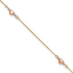 14k Tri-Color Puffed Hearts and Beads Plus Extender - Total Anklet