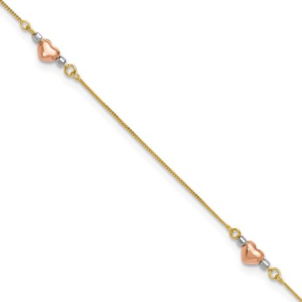14k Tri-Color Puffed Hearts and Beads Plus Extender - Total Anklet