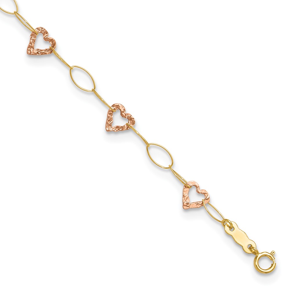 ANK171-9.jpg 14k Two-tone Hammered Open Hearts and Oval Link Plus Extender - Total Anklet - Image 1