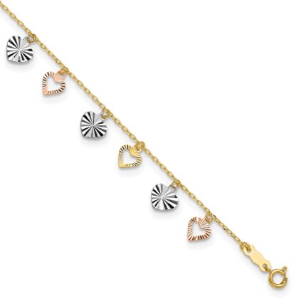 14K Tri-Color Dangle Hearts Plus Extender - Total Anklet