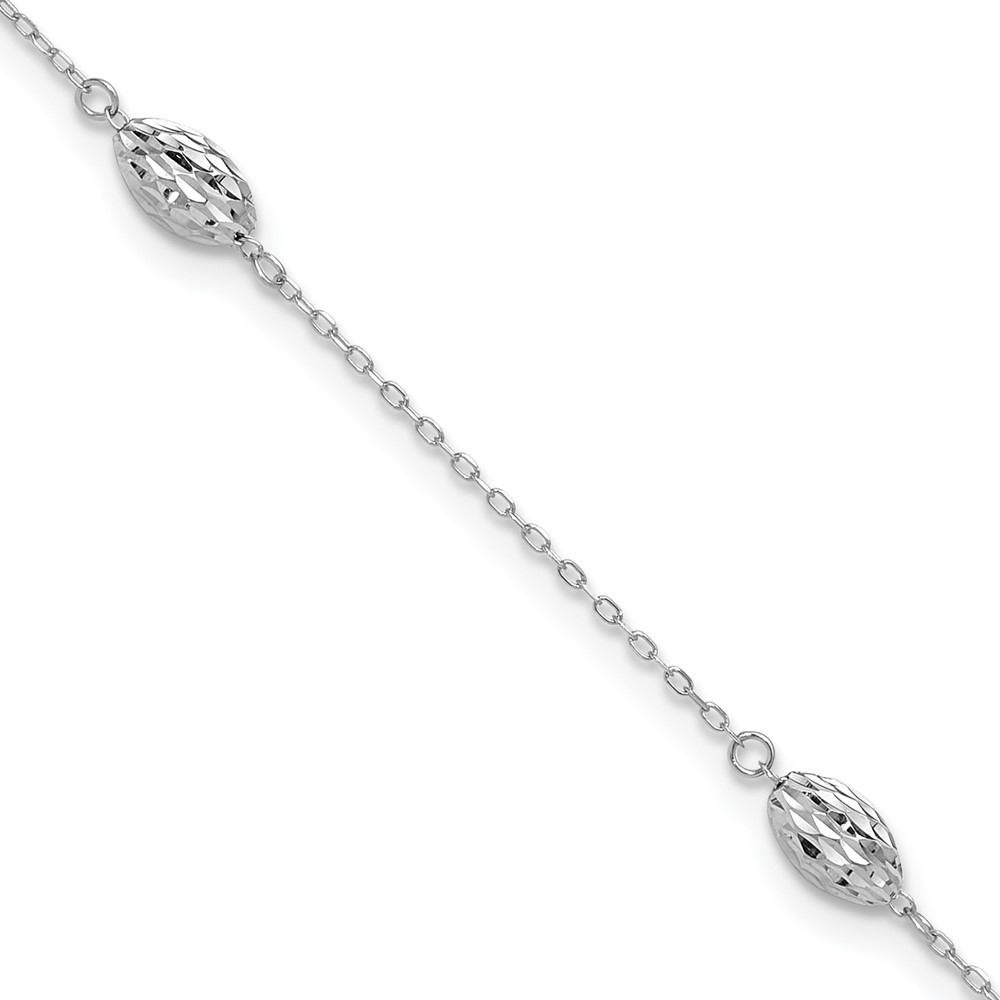 ANK181-9.jpg 14k White Gold Diamond-cut Rice Puff Beads 4-Station Plus Extender - Total Anklet - Image 1
