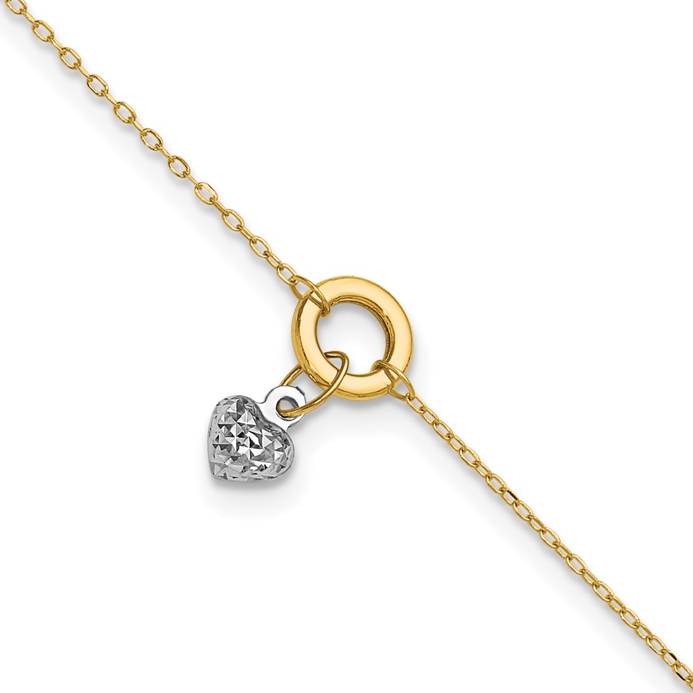 ANK243-9.jpg 14K Two-tone Circle with Diamond-cut Puffed Heart Dangle Plus Extender - Total Anklet - Image 1