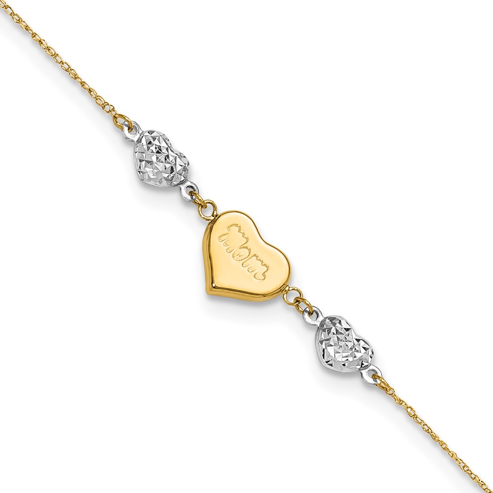 ANK254-9.jpg 14K Two-tone Diamond-cut and MOM Puffed Heart Plus Extender - Total Anklet - Image 1