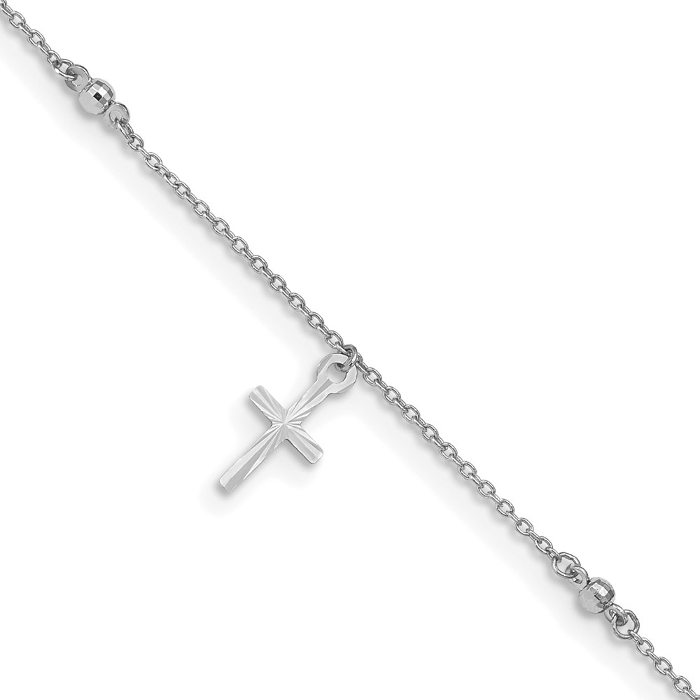 ANK267W-9.jpg 14k White Gold Diamond-cut 3 Cross Dangles and Beads Plus Extender - Total Anklet - Image 1