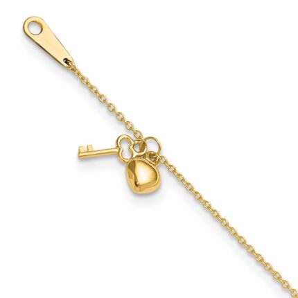 14k Cable Chain with Puffed Heart and Key Dangle Plus Extender - Total Anklet