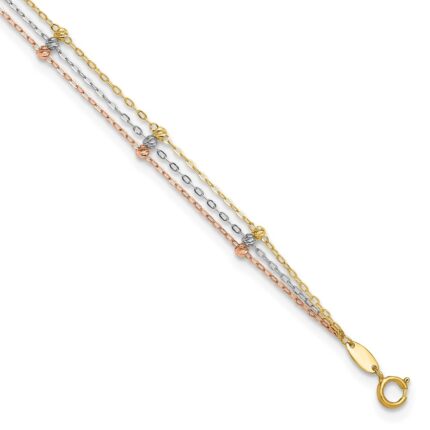 14k Tri-color 3-Strand Diamond-cut Beaded 9-Station Plus Extender - Total Anklet