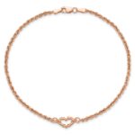 14k Rose Gold Diamond-cut Open Heart and Rope Chain Anklet - Image 5