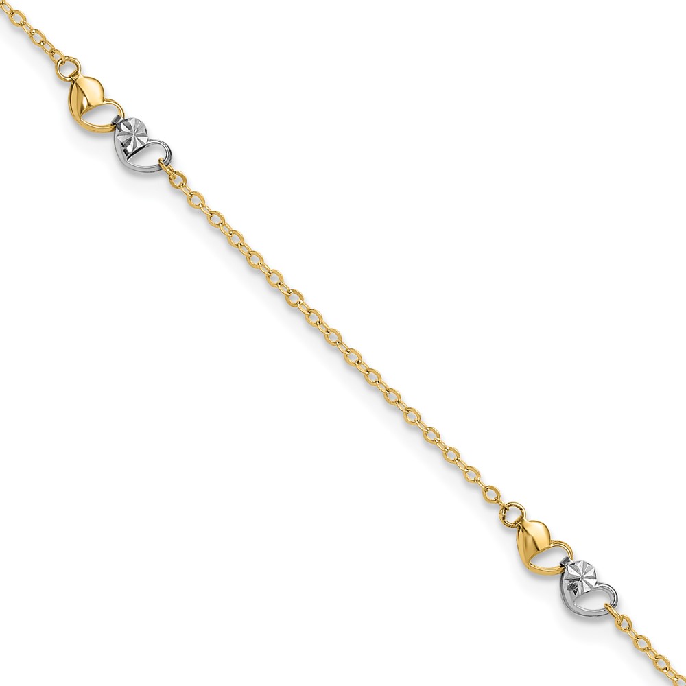 ANK339-9.jpg 14k Two-tone Diamond-cut Double Hearts 3-Station Plus Extender - Total Anklet - Image 1