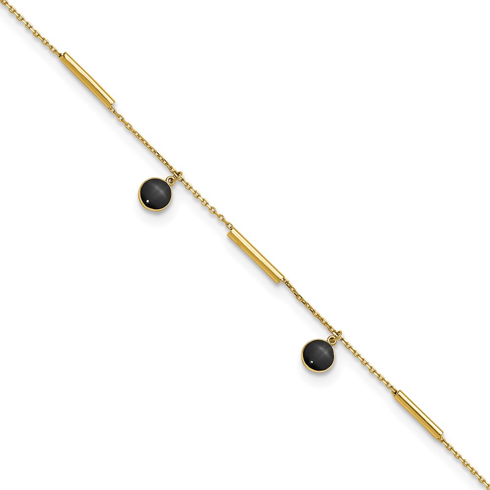 ANK374-9.jpg 14K Polished Round Onyx Dangles and Bars Plus Extender - Total Anklet - Image 1