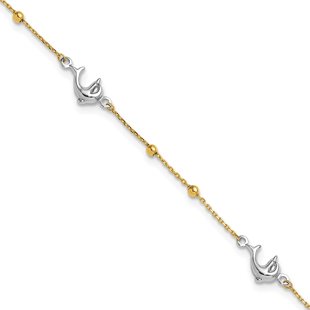ANK375-9.jpg 14K Two-tone Beads and Three Dolphins Plus Extender - Total Anklet - Image 1