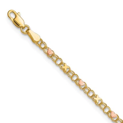 14k Polished and Satin Rose-plated X-and-Heart Anklet