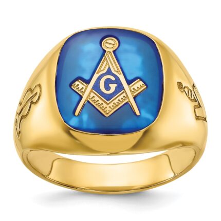 IBGoodman 14k Men's Polished and Grooved with Lab Created Sapphire Blue Lodge Master Masonic Ring
