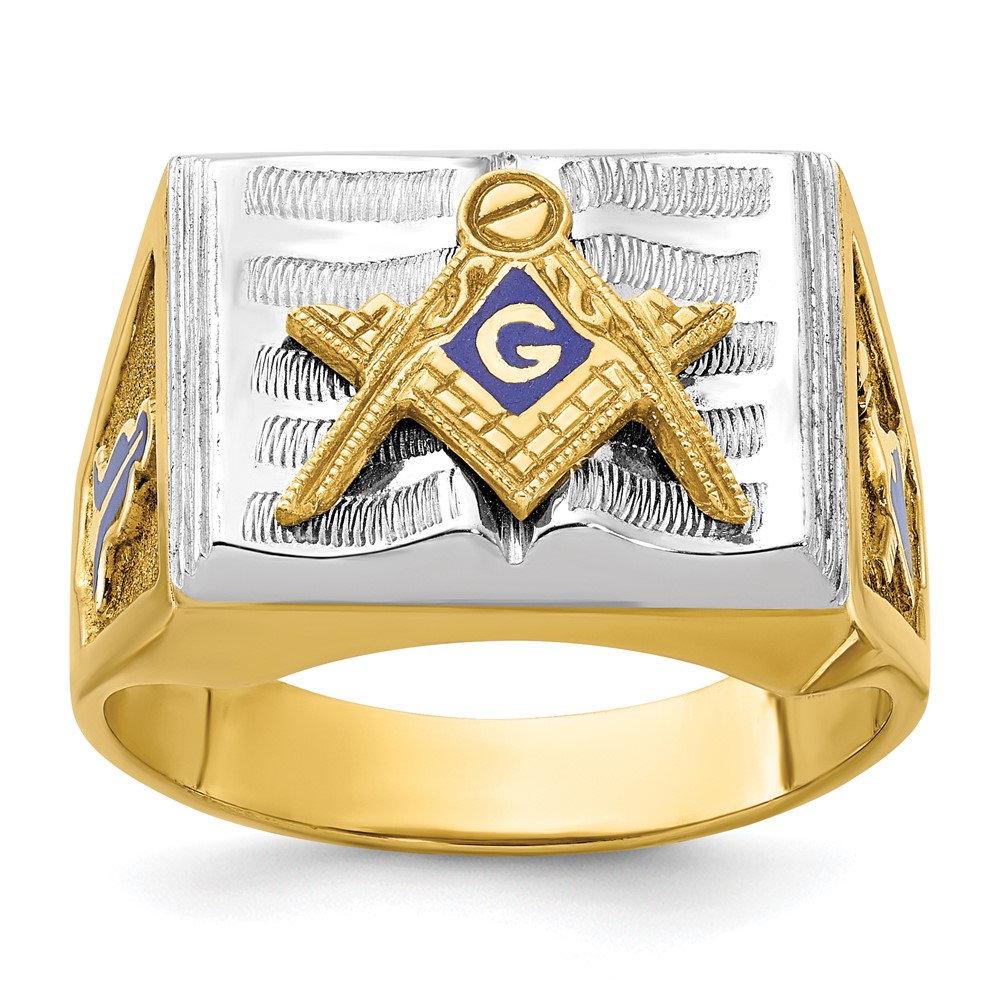 B02077-0YW.jpg IBGoodman 10k Two-tone Men's Polished and Textured with Blue Enamel Blue Lodge Master Masonic Ring - Image 1