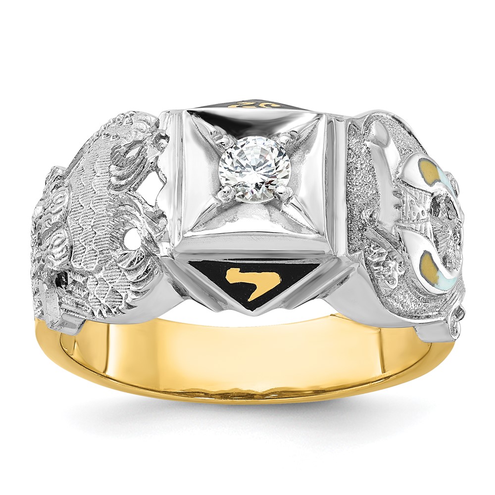 B02585-4YWAA-1.jpg IBGoodman 14k Two-tone Men's Polished and Textured with Black Enamel and Diamond Double Eagle Masonic Shriner's Ring - Image 1