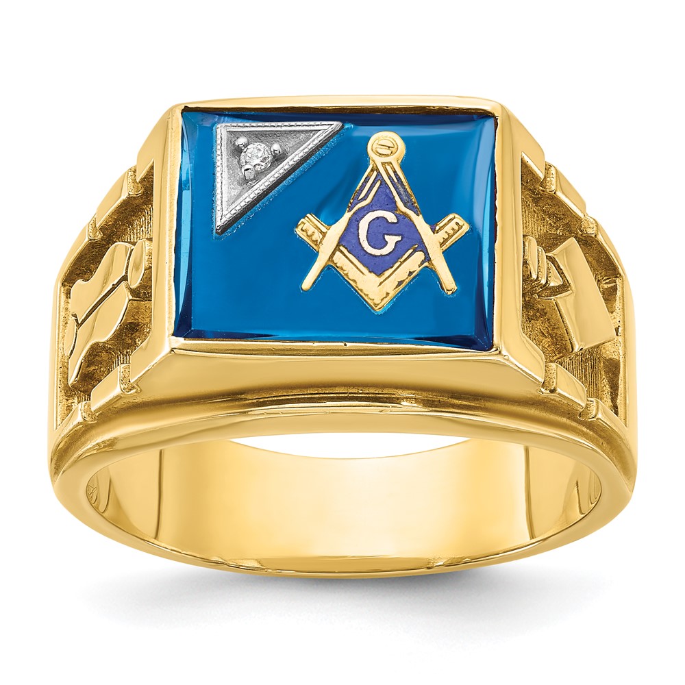 B02740-4YWCS_AA.jpg IBGoodman 14k Two-tone Men's Polished and Textured with Lab Created Sapphire and Diamond Blue Lodge Master Masonic Ring - Image 1
