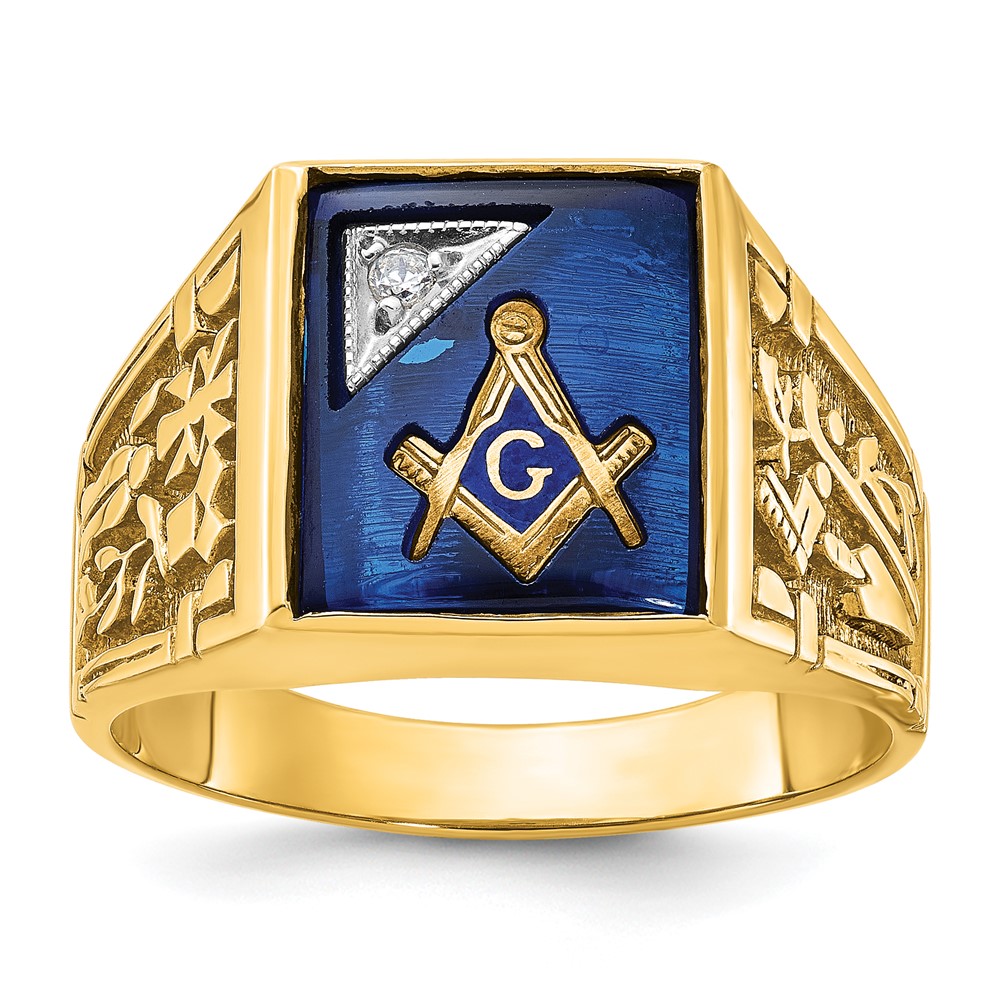 B03214-4YWCS_AA.jpg IBGoodman 14k Two-tone Men's Polished and Textured with Lab Created Sapphire and Diamond Blue Lodge Master Masonic Ring - Image 1