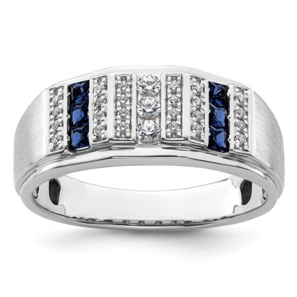 IBGoodman 14k White Gold 1/5 carat Lab Grown Diamond VS/SI+ G+ and Lab Created Blue Sapphire Complete Men's Ring