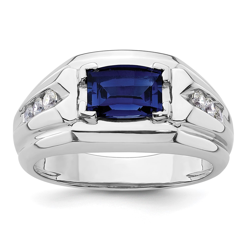 B220074-4WCS_AA.jpg IBGoodman 14k White Gold 1/4 carat Lab Grown Diamond VS/SI+ G+ and Lab Created Blue Sapphire Complete Men's Ring - Image 1