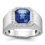 14k White Gold IBGoodman Men's Created Sapphire and 1/3 carat Diamond Complete Ring