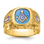IBGoodman 10k Men's Polished and Nugget Textured with Blue Enamel and Lab Created Sapphire Blue Lodge Master Masonic Ring