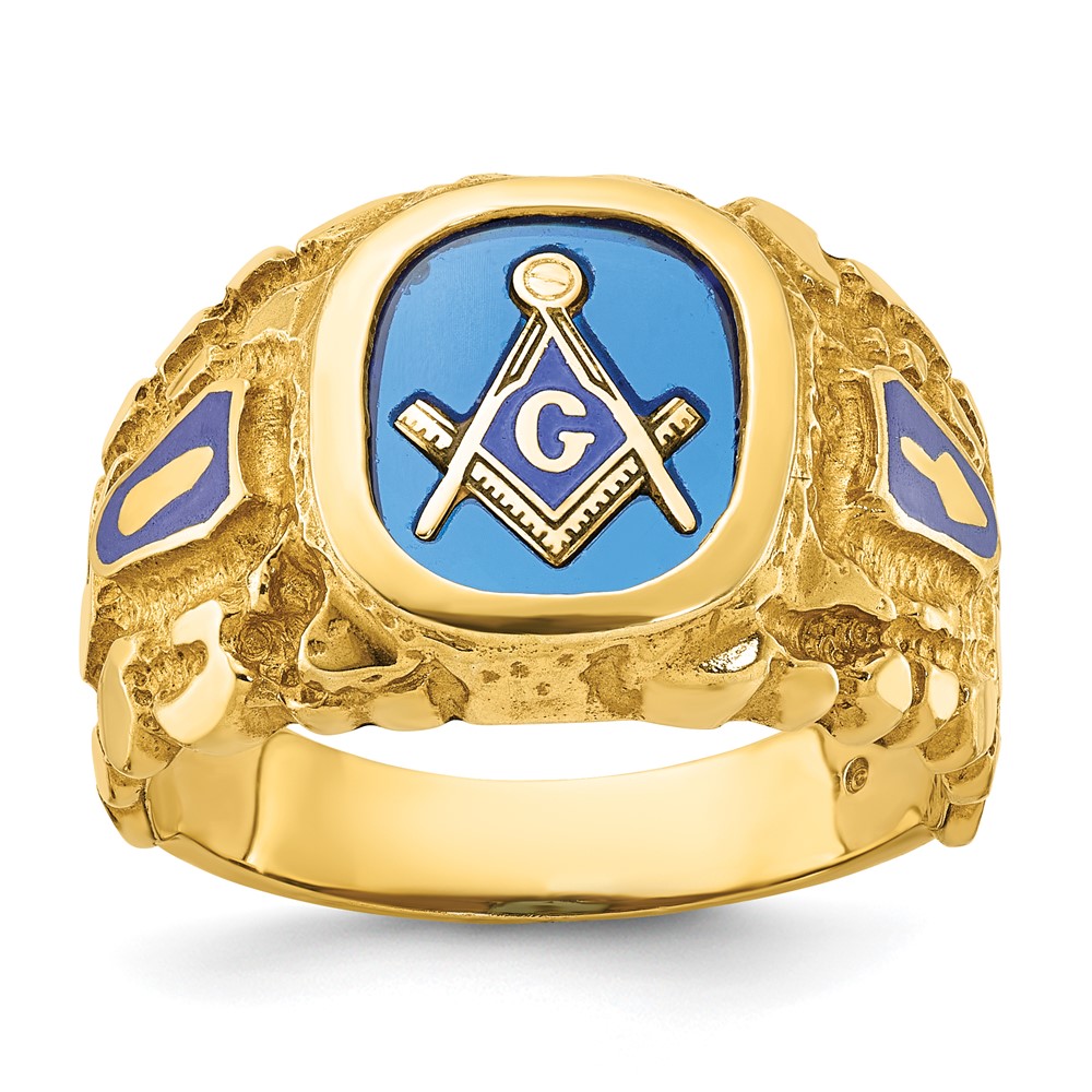 B57619-4YCS.jpg IBGoodman 14k Men's Polished and Nugget Textured with Blue Enamel and Lab Created Sapphire Blue Lodge Master Masonic Ring - Image 1